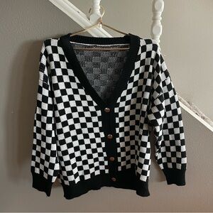 Vintage Checkered Sweater Cardigan Knit Jacket Black and White